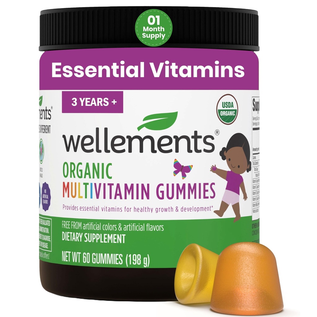 Wellements USDA Organic Kids Multivitamin Gummies 60 Ct (3+ Years) 