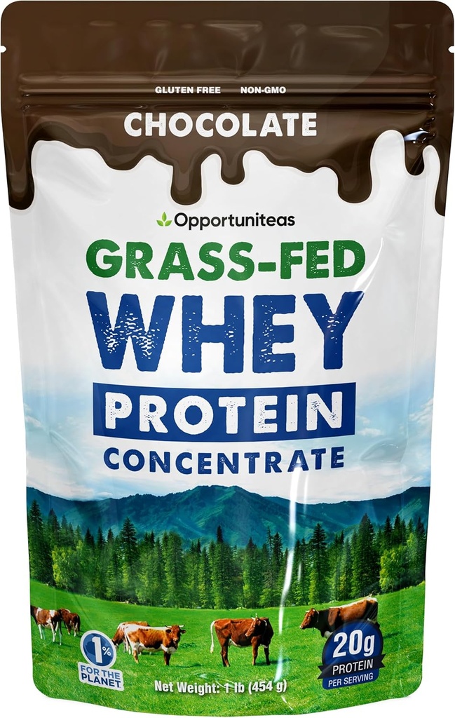 Opportuniteas Grass Fed Whey Protein Toz Yoğunluğu - Çikolata - Saf Protein Tamam - GMO, Hormon Ücretsiz & Gluten Ücretsiz - 1lb