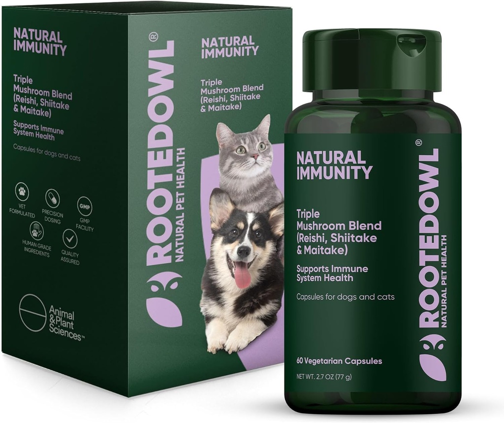 Ρουζωτή κουκουβάγια Φυσική Ανοσία - Cat and Dog Immune Support - Triple Mushroom Supplement for Dogs & Cats with Reishi, Shiitake and Maitake Mushrooms - 60/ct Vegan Capsles