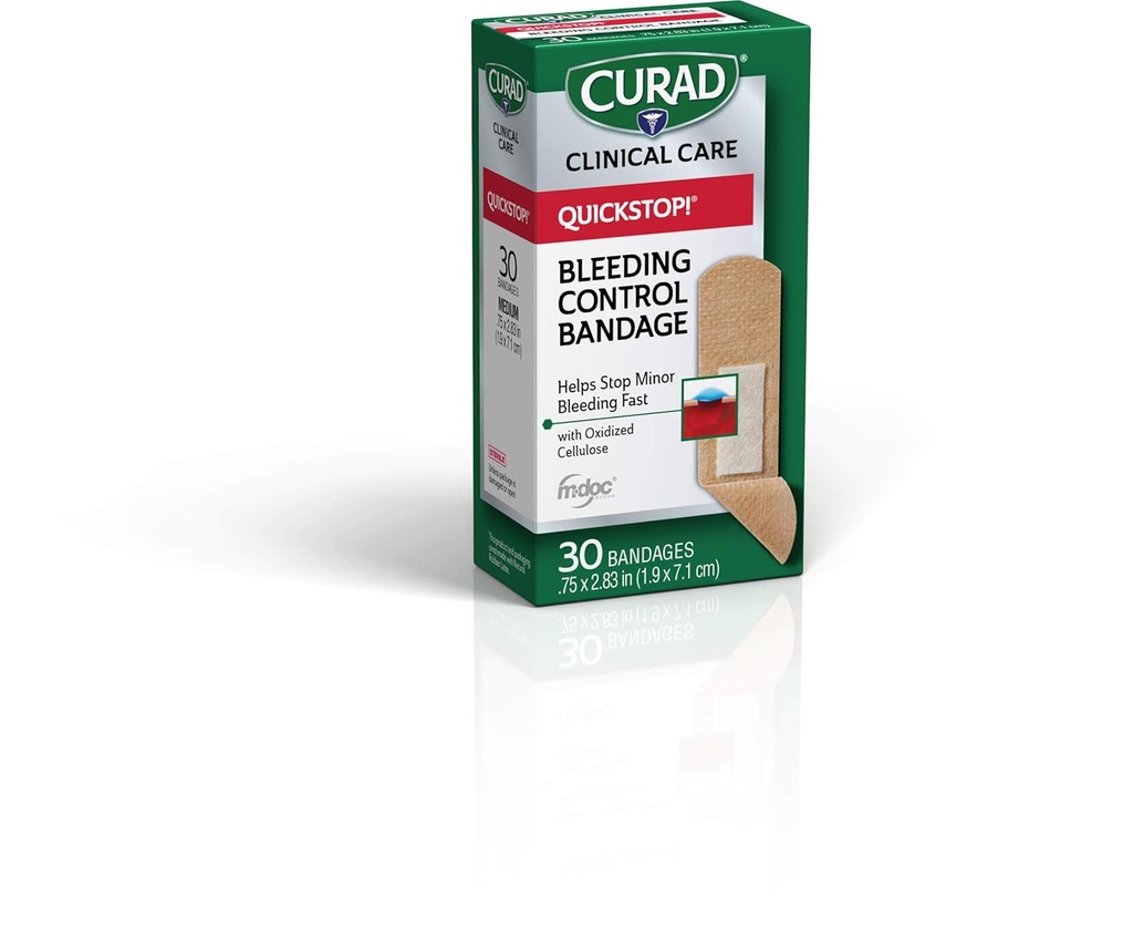 Curad Quickstop Flex-Fabric Bandages, Quickstop Bleeding Control Technology, 0.75" x 2.83", 30 Kont (Pack of 3)