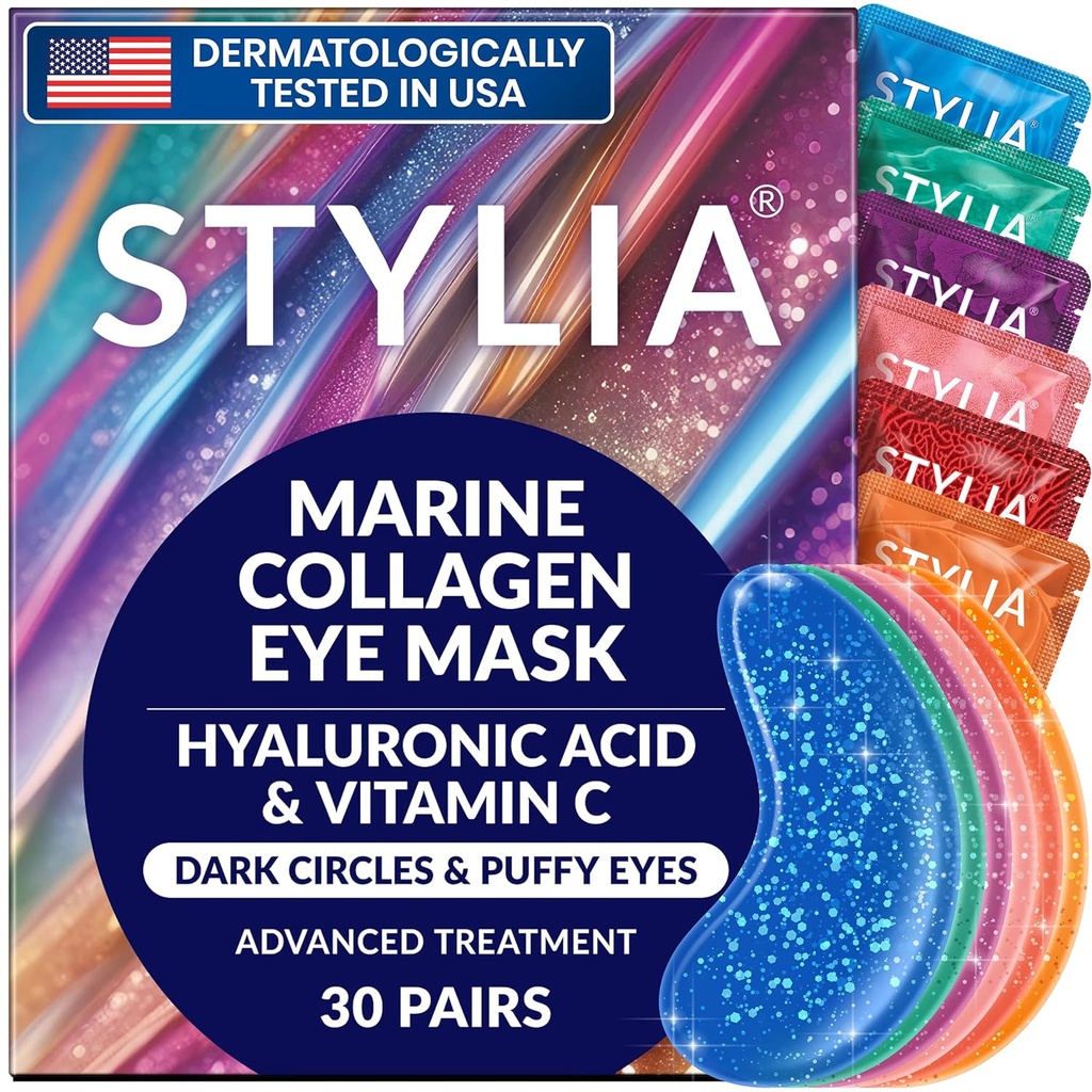 Stylia Collagen & Vitamin C Under Eye Patches for Puffy Eyes & Dark Circles - Depuffing, Hydrating & Companying Under Eye Mask with Hyaluronic Acid - Vegan, Cruelty-Free Skincare (30 Pairs)