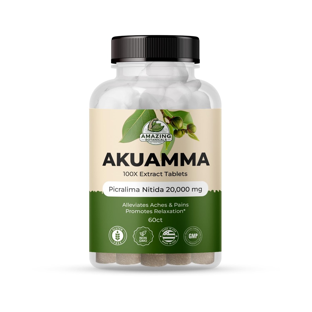 Amazing Botanicals Akuamma Extract Tabletleri - 200 mg 100X alıntı 20.000 mg | Focus ve Clarity - Boosts Mood, Relieves Stres, Tavsiyeler (60 Kont)