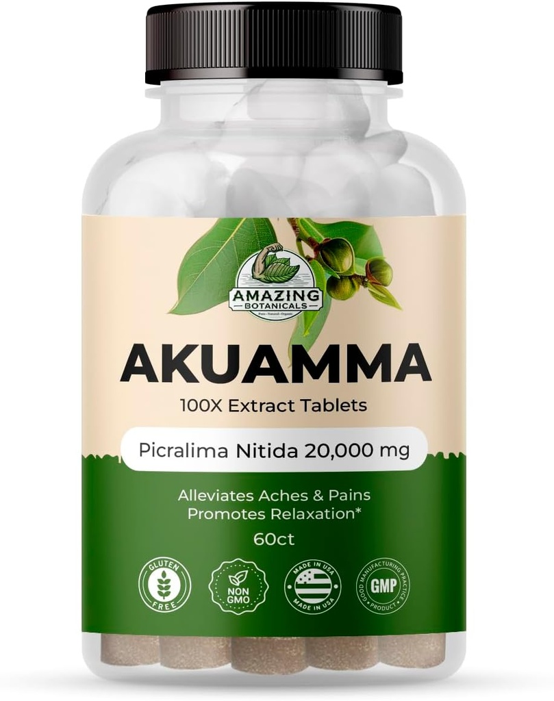 Amazing Botanicals Akuamma Extract Tabletleri - 200 mg 100X alıntı 20.000 mg | Focus ve Clarity - Boosts Mood, Relieves Stres, Tavsiyeler (60 Kont)