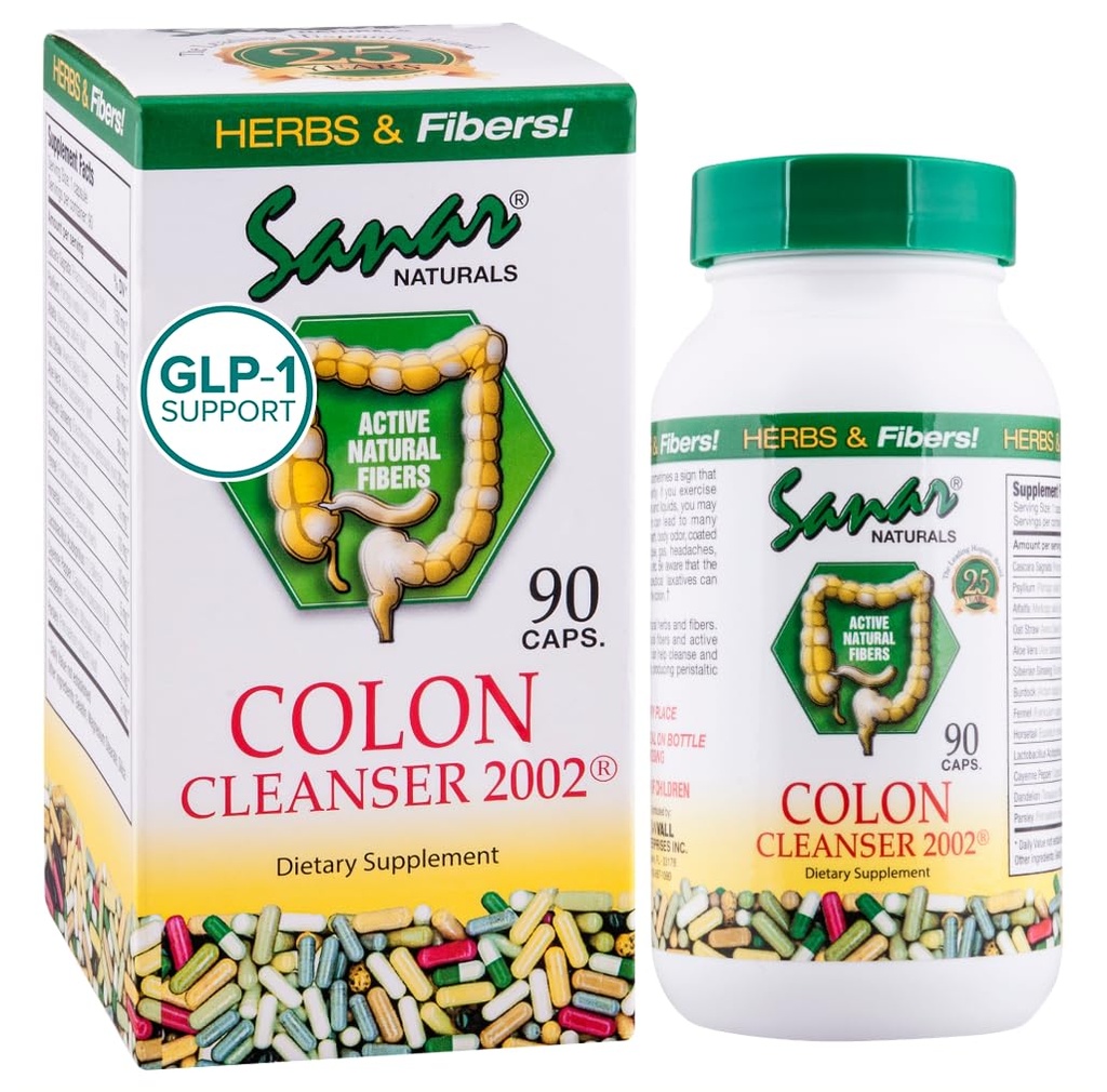 Sanar Naturals Colon Cleanser 2002 - Συμπλήρωμα ινών, Διαχείριση βάρους Detox και Gut Υγεία για γυναίκες και άνδρες - GLP-1 Υποστήριξη - Psyllium Husk σκόνη, Cascara Sagrada, 90 κάψουλες