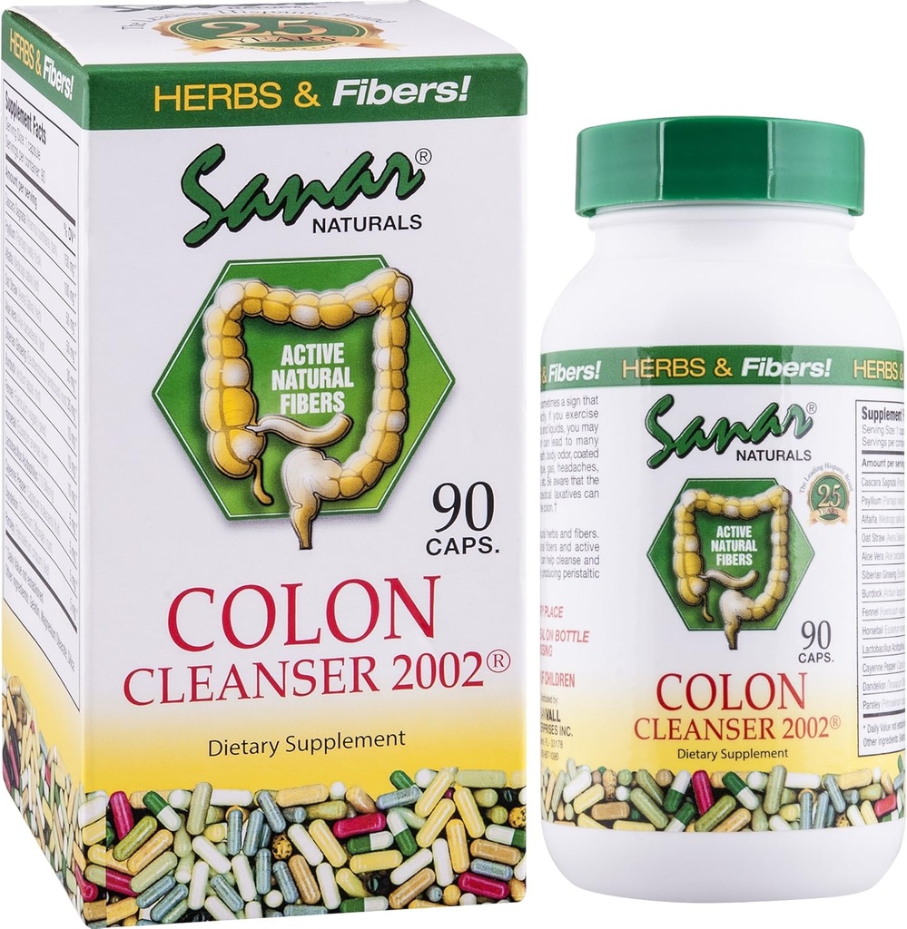 Sanar Naturals Colon Cleanser 2002 - Fiber Supplement, Kilo Management Detox ve Gut Health for Women and Men - GLP-1 Support - Psyllium Husk Toz, Cascara Sagrada, 90 Capsules