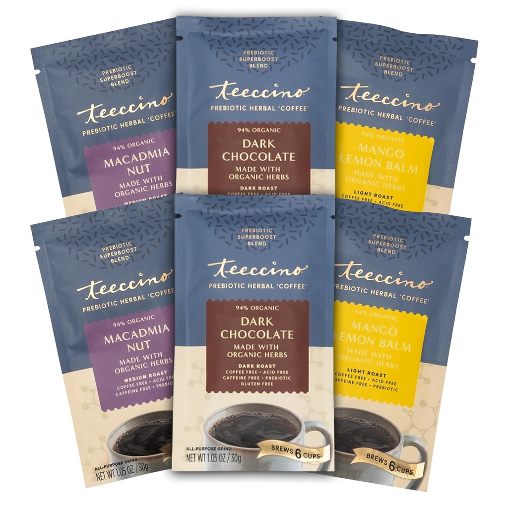 Teeccino Prebiyotik SuperBoostTM Herbal Coffee Örnekr - 6 Deneme-Size Packets - Dark Chocolate, Mango Lemon Balm, Macadamia Nut - Prebiyotik, Caffeine-Free, Ground Coffee Alternatives for Good Gut Health