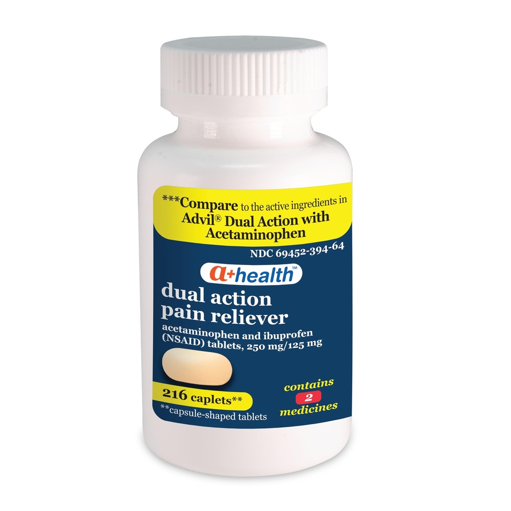 A+Health Dual Action Acetaminophen 250 mg και Ibuprofen (NSAID) 125mg Πόνος Reliever Caplets, 216 Count
