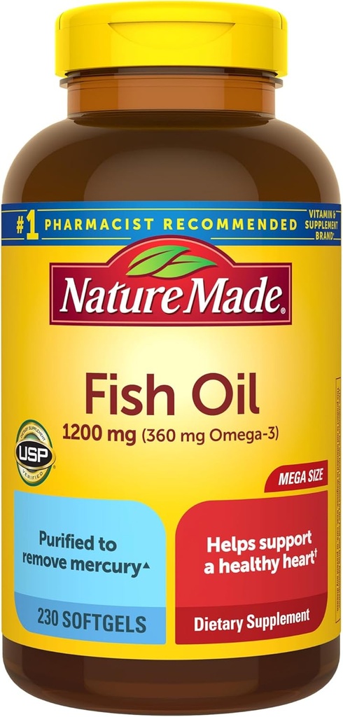 Nature Made Fish Oil Omega 3 Supplements, 1200 mg Softgels, Omega 3 Fish Oil for Health Heart Support, 230 Softgels, 115 Day Supply Supply