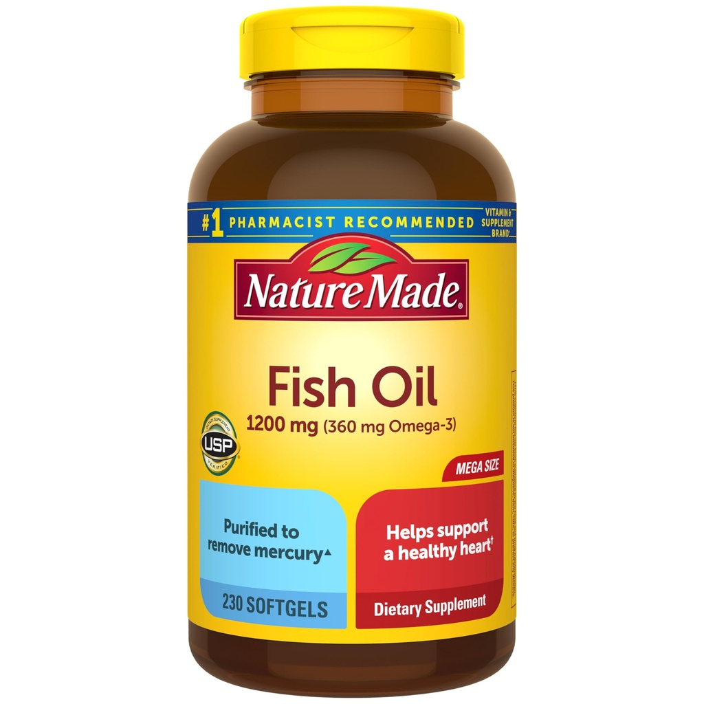 Nature Made Fish Oil Omega 3 Supplements, 1200 mg Softgels, Omega 3 Fish Oil for Health Heart Support, 230 Softgels, 115 Day Supply Supply