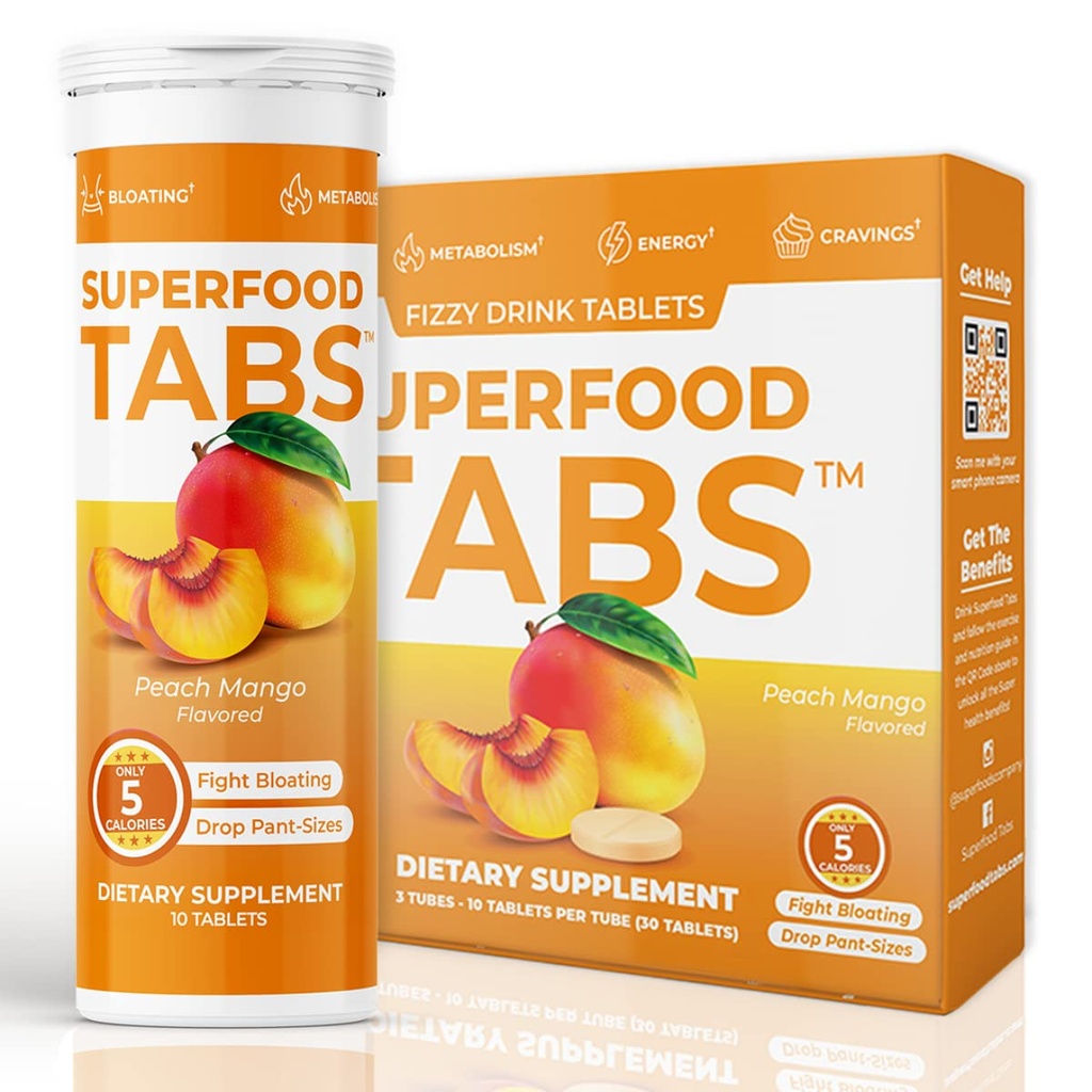 Superfood Tabs Skinnytabs Anti-Bloat Cleanse Drink with 15 Superfoods | Destekler Digestion, Energy & Cravings | Vegan, Non-GMO | 30 Effervescent Tabs – Peach Mango Flavor