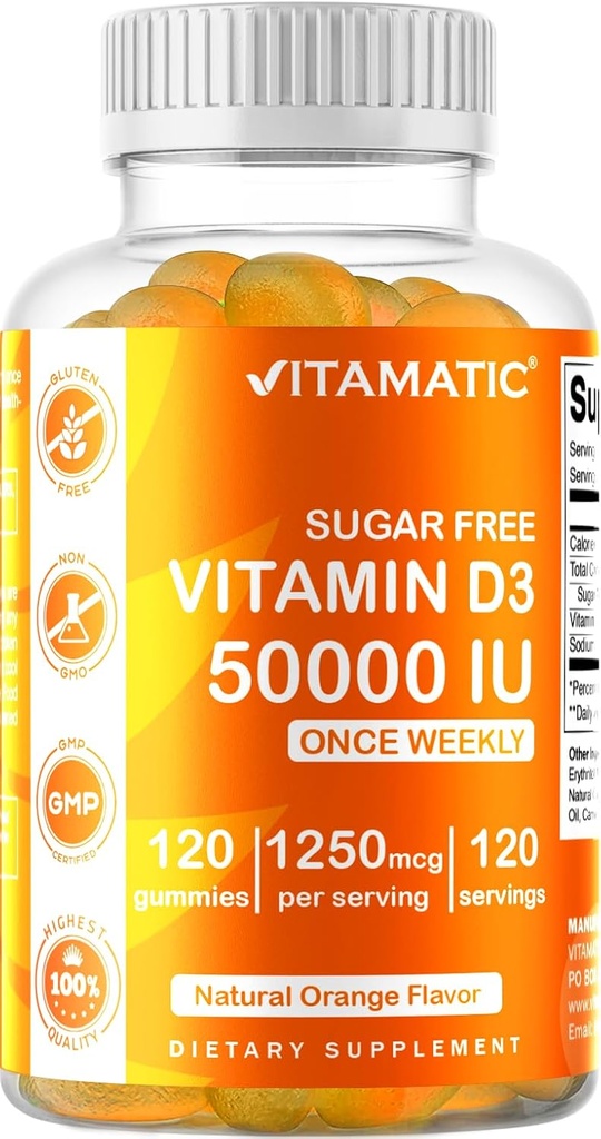 Vitamatic Sugar Free Vitamin D3 50,000 IU Weekly Supplement - 120 Pectin Based Gummies - Bones, Teeth, and Immune Support (50000 IU)