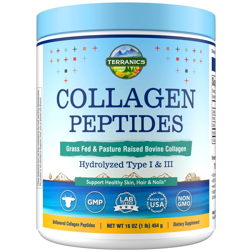 Terranics Hydrolyzed Collagen Peptides Powder, Grass Fed & Pasture Αυξημένα Βοοειδή, τύπου I & III Collagen για γυναίκες, χωρίς ζάχαρη, χωρίς ορμόνες, Keto, υποστήριξη ομορφιάς, εύκολο μείγμα, χωρίς γεύση, 16oz