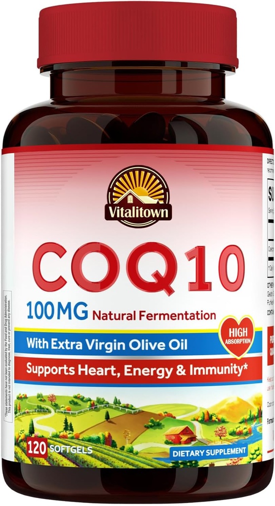 Vitalitown CoQ10 100 mg, Ekstra Virgin Zeytinyağı, En Az Apsiyon, Coenzyme Q10 Supplement, No Gluten, Non-GMO, Antioksi & Heart Health Support, 120 Softgels