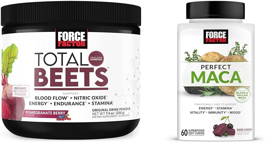 Δύναμη Factor Total Beets Nitric Oxide Powder and Perfect Maca Root Chews Energy, Mood and Balance Supplement Bundle