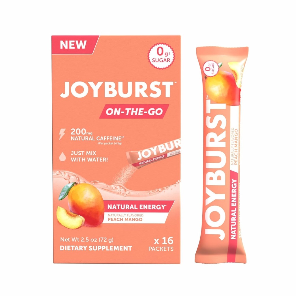 JOYBURST Energy Drink Mix, Natural Caffeine (200 mg) Sustained için, Jitter Free Energy, On-Go Natural Energy Drink Toz, Sugar Free - 16 x 4g Energy Sticks (Peach Mango)