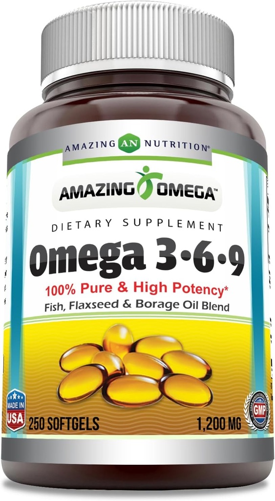 Amazing Omega 3.6.9 Supplement | 1200 Mg Per | 250 Softgels | Unflavored | Non-GMO | Gluten-Free | Made in USA USA