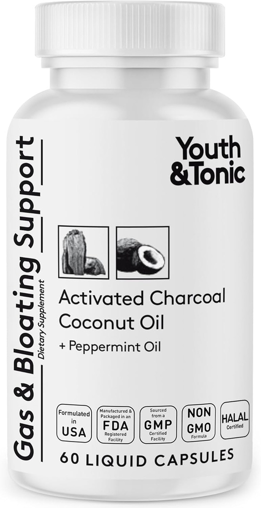 Youth & Tonic Aktif Charcoal Pills for Bloating and Gas Relief to Soothe The Stomach and Digestive System Detox with Peppermint & Organic Coconut Oil, for Men & Women - 60 Liquid Capsules