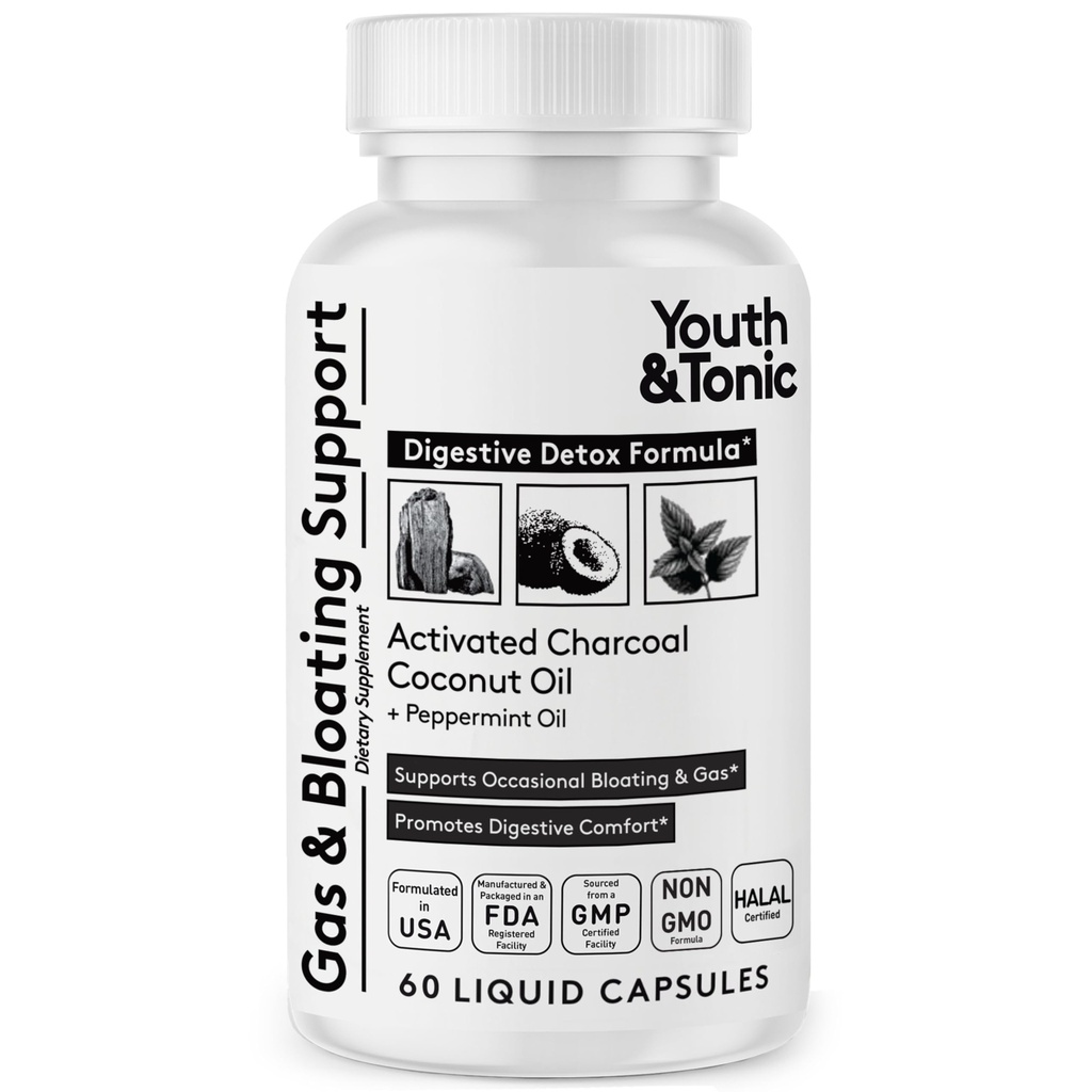 Youth & Tonic Aktif Charcoal Pills for Bloating and Gas Relief to Soothe The Stomach and Digestive System Detox with Peppermint & Organic Coconut Oil, for Men & Women - 60 Liquid Capsules