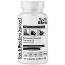 Youth & Tonic Aktif Charcoal Pills for Bloating and Gas Relief to Soothe The Stomach and Digestive System Detox with Peppermint & Organic Coconut Oil, for Men & Women - 60 Liquid Capsules