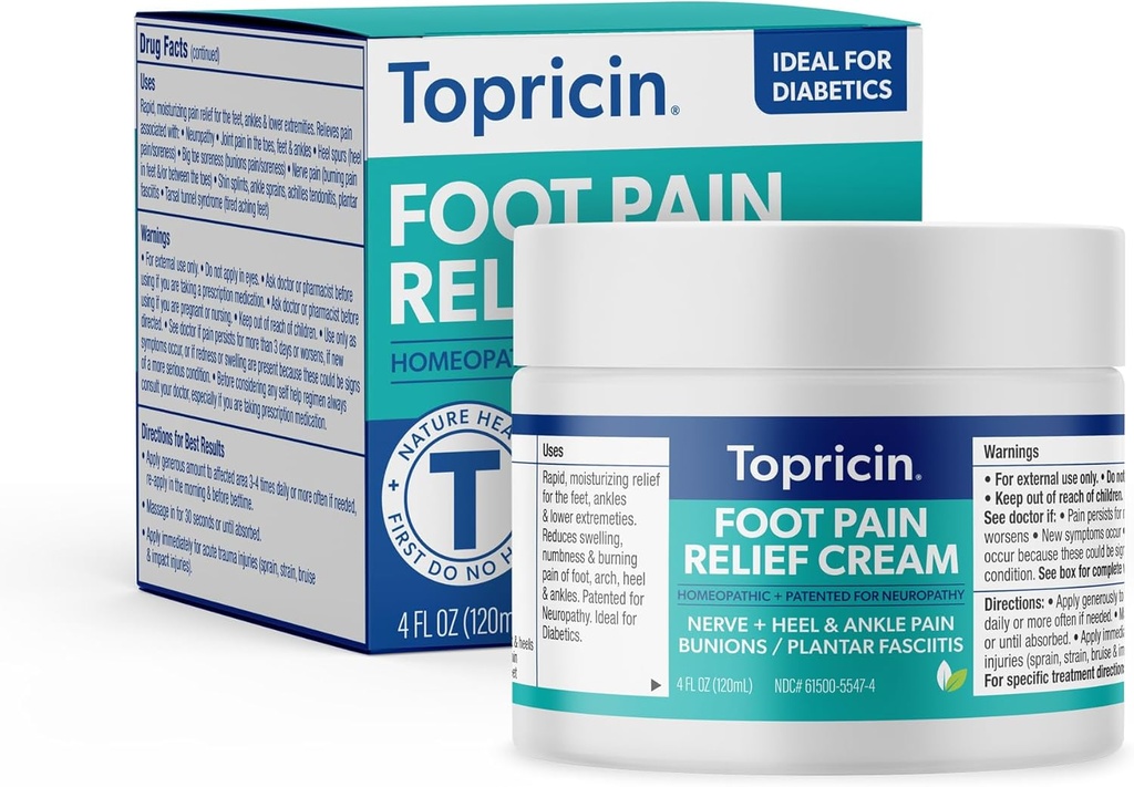 Topricin Foot Pain Relief Cream - Natural and Odor-Free Moisturing Cream, 4 ounce - Jar
