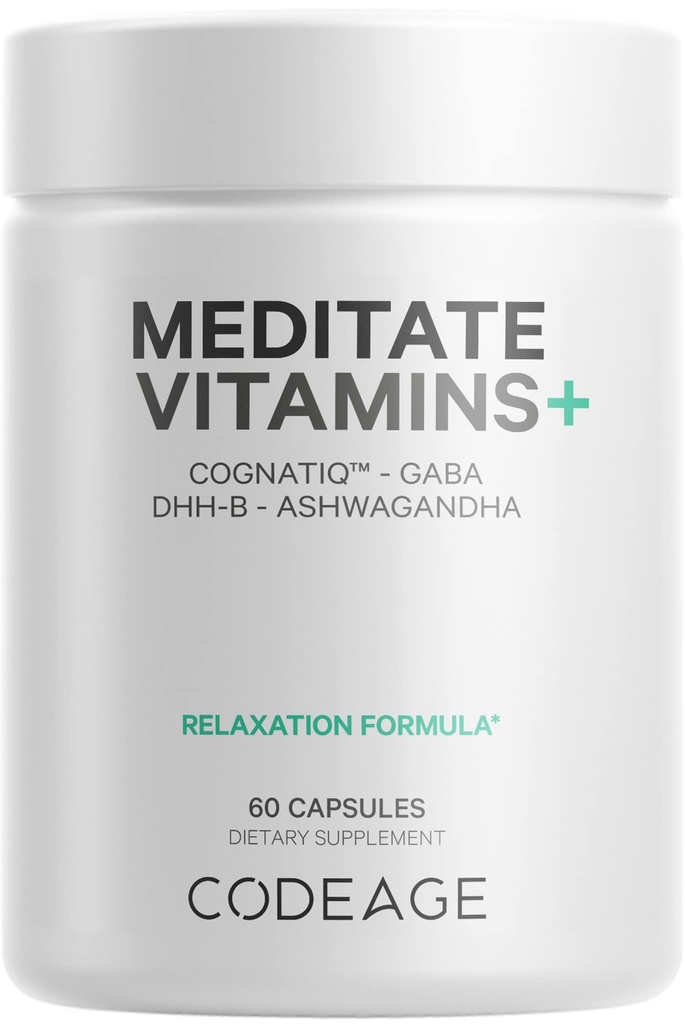 Kodage Meditate Vitamins+ Supplement - CognatiQ, DHH-B, GABA, Ashwagandha, Organik Mushrooms, Blueberries - BDNF Beyin Pills ve Nöroprotein - Vegan, Non-GMO Capsules, Gluten-Free - 60