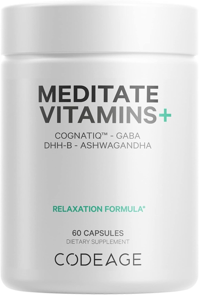 Kodage Meditate Vitamins+ Supplement - CognatiQ, DHH-B, GABA, Ashwagandha, Organik Mushrooms, Blueberries - BDNF Beyin Pills ve Nöroprotein - Vegan, Non-GMO Capsules, Gluten-Free - 60