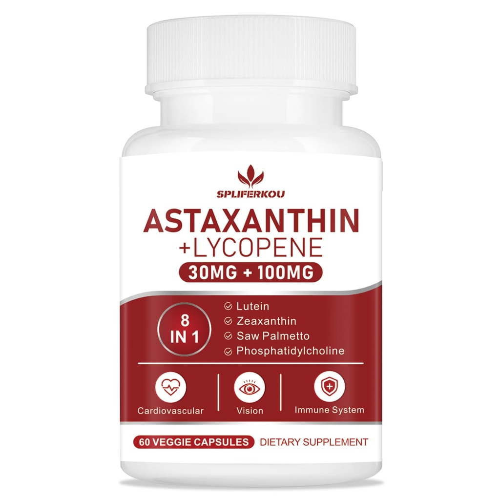 Ασταξανθίνη και Λυκοπένιο 70mg, Συμπλήρωμα Ασταξανθίνης με Φωσφατιδυλοχολίνη, Λουτεΐνη και Ζεαξανθίνη, Ισχυρό Συμπλήρωμα Αντιοξειδωτικών Υποστήριξη για την Υγεία του δέρματος, των ματιών και των αρθρώσεων (60 κάψουλες)