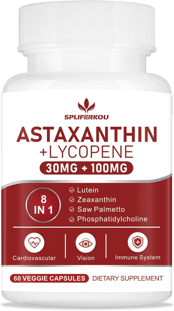 Astaxanthin ve Lycopene 70 mg, Astaxanthin Supplement with Phosphatidylcholine, Lutein ve Zeaxanthin, Güçlü Antioksis Supplement Support for Skin, Eye and Joint Health (60 Capsules)