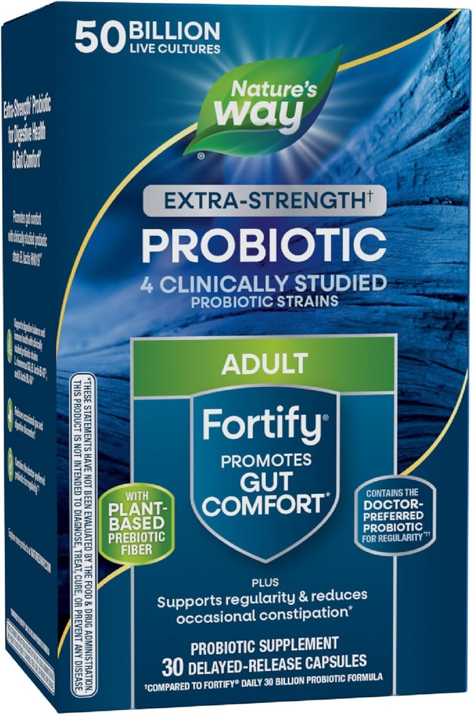 Nature's Way Extra Strength (1) Fortify Probiyotik, Probiyotiks for Digestive Health, Prebiyotiks, 50 Milyar Canlı Kültürler, Digestive & Immune Health Support*, 30 Capsules