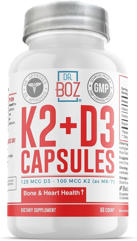 Dr. Boz - K2+D3 Capsules, 66 Hizmet - BioPerine ile D3 K2 Supplement - Kemik ve Kalp Sağlığı - Gelişmiş Aborpsiyon - Kalite Testleri - ABD'de Yapılan - 5000iu (D3) - 400iu (K2) - Self Care
