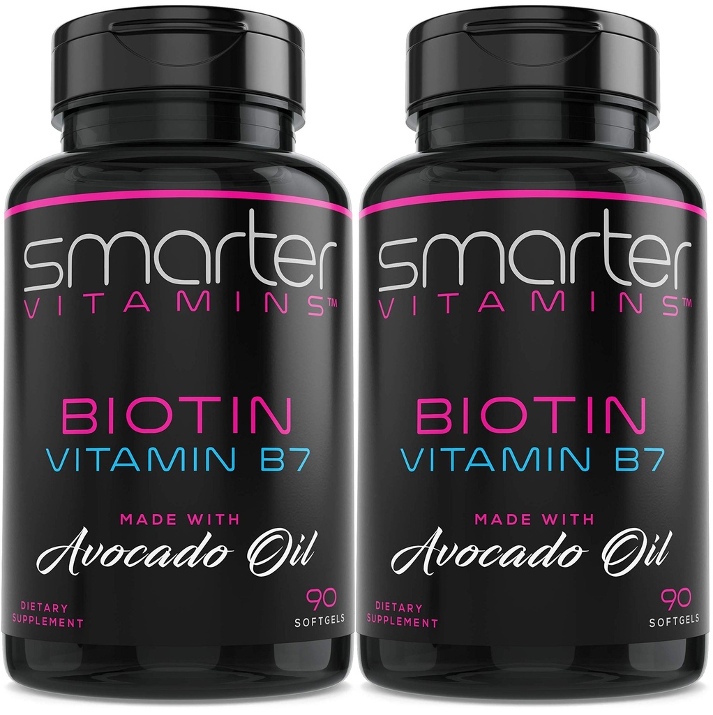 SmarterVitamins (2 Pack) Biotin 5000mcg in Avocado Oil, Vitamin B7, Non-GMO, 90 Mini Liquid Softgels, No Soy