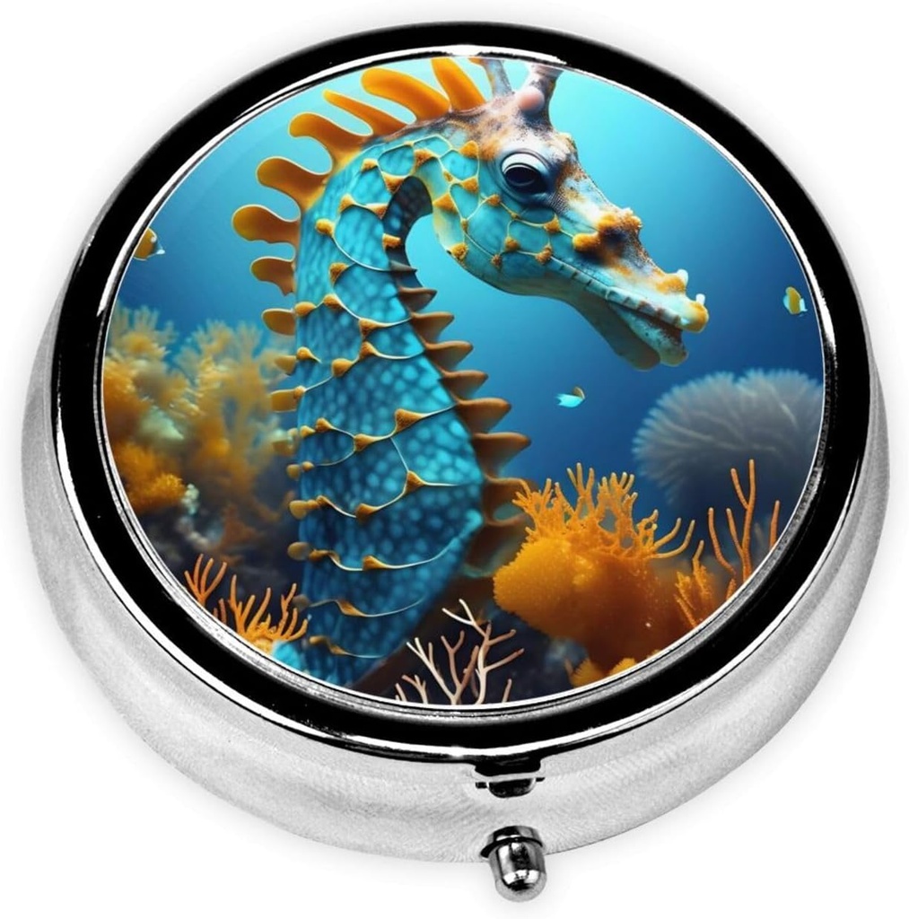 Pill Box, Small Pill Case for Purse & Pocket, Cute Medicine Organizer Travel Pillbox, Portable Pill Container Holder to Hold Vitamins, Medication, Fish Oil and Supplements,Blue Seahorse