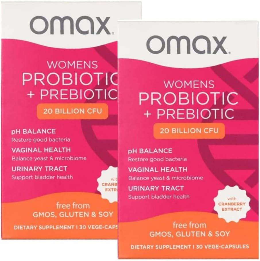 2 Pack Omax Prebiyotiks & Probiyotiks Kompleks for Women, pH Balance, Vaginal Health, Urinary Tract, Yeast, UTI/BV Prevention, Bloating pH 20 Milyar C | Vegan, Organik, Gluten Free, 60 Vege-Capsules