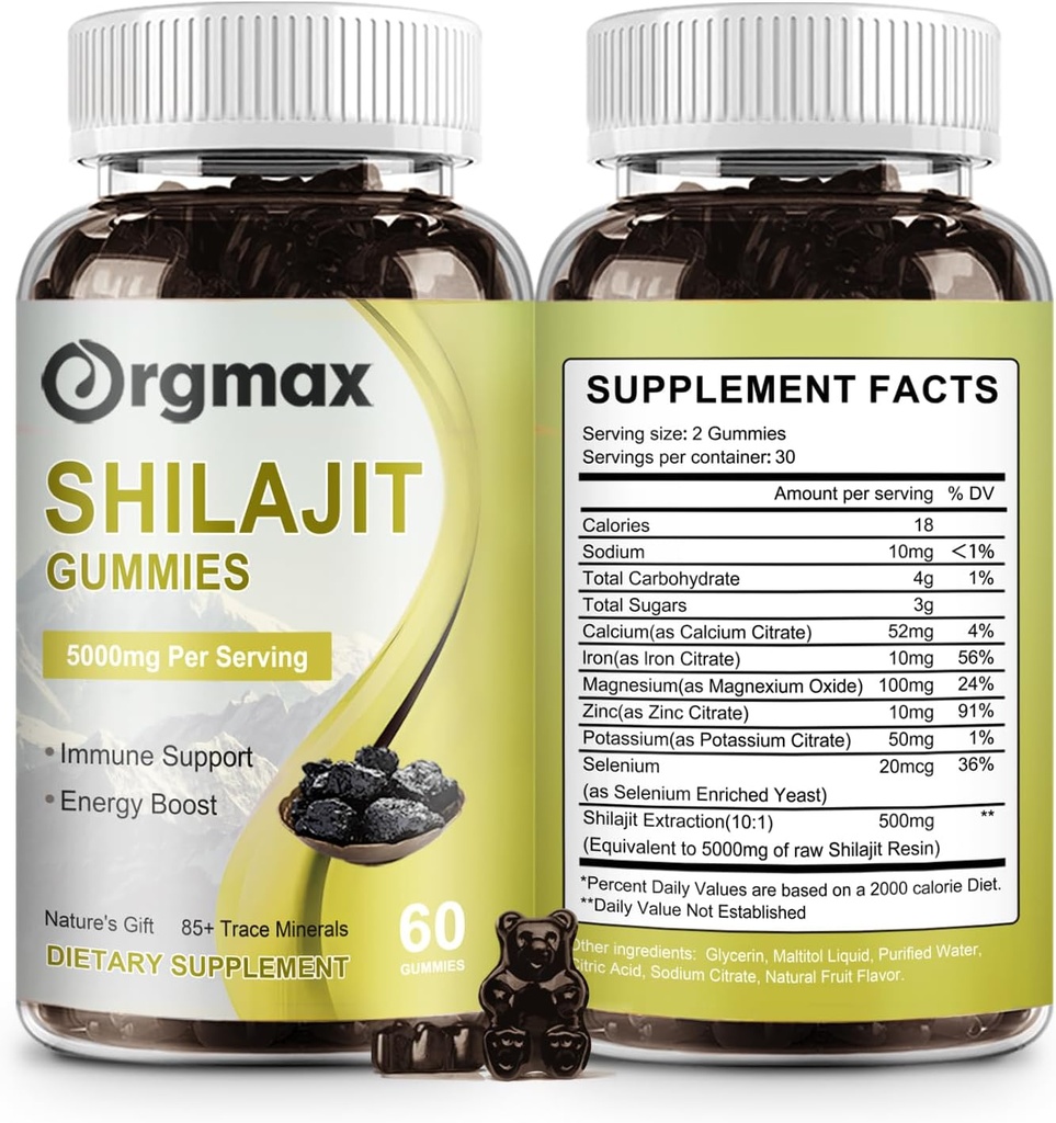 Shilajit Καθαρό Ιμαλαΐων Βιολογικό Shilajit Gummies,5000MG Συμπλήρωμα Shilajit για άνδρες & γυναίκες με 85+Ορυκτά Trace & Fulvic Acid, Υποστήριξη για Εστίαση, Ενέργεια & Ανοσοποιητικό, Μη-GMO