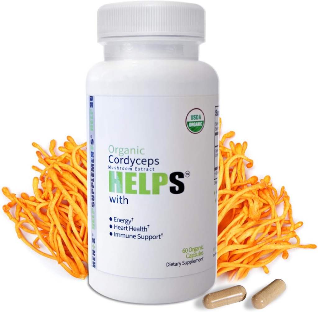 Organic Cordyceps Mushroom Capsules Supplement - 1000mg Cordyceps Militaris Extract - 100% Natural, Real & Pure - Beta-Glucan - Herbal Support for Energy-Boosting & Immune Health - 60 Capsules