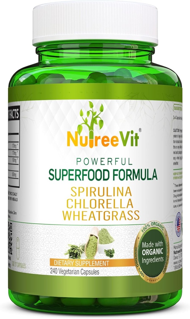 NutreeVit Pure 100% Organik Spirulina + Chlorella + Buğdaygras - Güçlü Superfood - Veggie Capsules | 500 mg