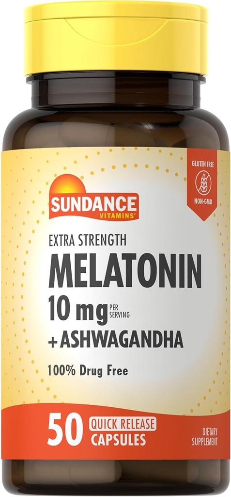 Sundance Melatonin 10 mg with Ashwagandha | 50 Capsules | Ekstra Kuvvet | Non-GMO & Gluten Free Supplement Supplement
