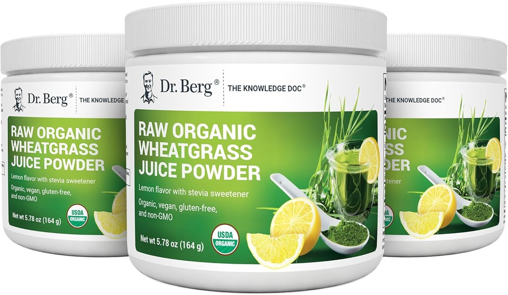 Dr. Berg's Raw Wheatgrass Juice Toz (60 Hizmet) - USDA sertifikalı Organik Buğdaygras Toz w / Chlorophyll, Trace Minerals & Natural Enzymes - Ultra-Concented - Lemon Flavor w/ Stevia 3 Pack
