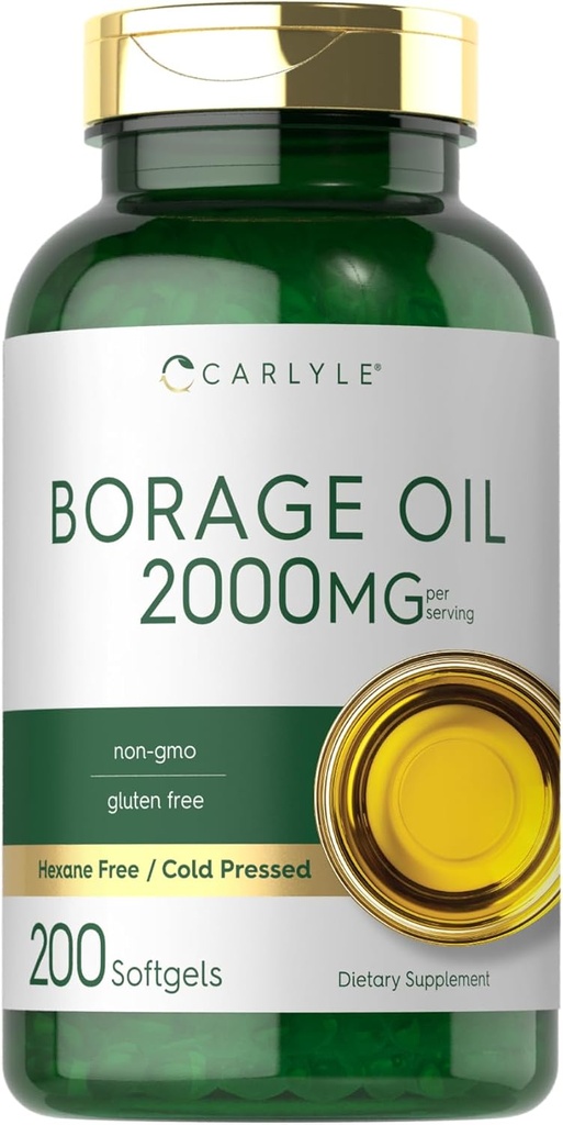 Carlyle Borage Oil Supplement | 2000 mg | 200 Softgel Capsules | 320mg of GLA | Cold Pressed & Hexane Free | Non-GMO & Gluten Free |
