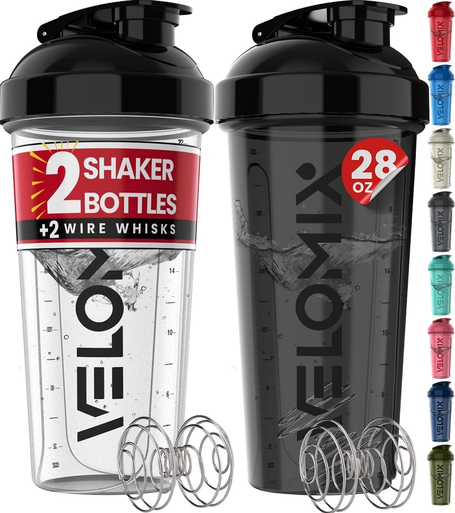VELOMIX -2 Pack- 28 oz protein Mixer Şişeler - 2 Wirex Whisk | Protein Shakes | Protein Shaker Şişe Paketi (Black/Transmain)