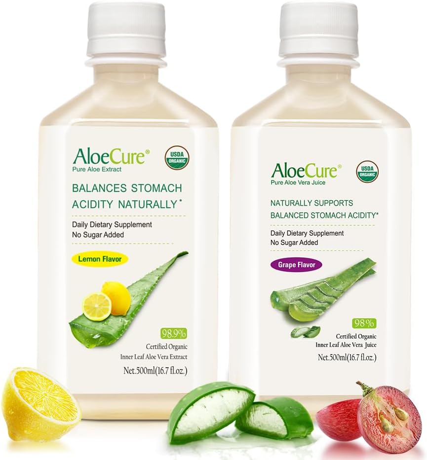 AloeCure Organik Aloe Vera Juice - 2 Şişe Örnek Paketi - Limon ve Grape Flavor - 2x500 ml