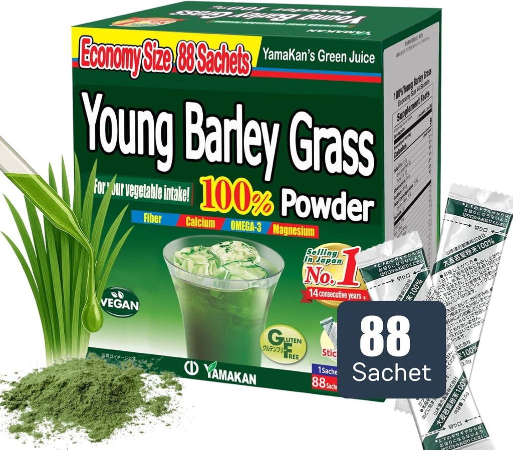 , YAMAKAN Genç Barley Grass Toz, Greens Superfood Toz Rich in Nutrients, Minerals, Vitamins & Plant-Based Protein for Women & Men, Bar Grassley from Japan, Non GMO 88 Count