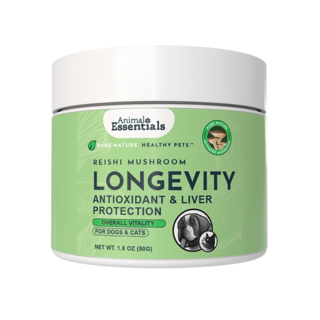 Ζώα Απαραίτητα LONGEVITY Reishi Mushroom Supplement for Dogs & Cats - Υγιής Καρδιαγγειακή & Ηπατική Λειτουργία, Υποστηρίζει Μακροχρόνια Υγεία, Mushroom Powder Extract, Αντιοξειδωτικό - 1.8 Oz (Pack of 1)