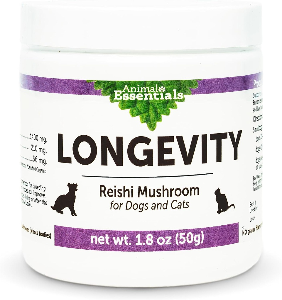Animal Essentials LONGEVITY Reishi Mushroom Supplement for Dogs & Cats - Healthy Cardiovascular & Liver Function, Supports Long Term Health, Mushroom Powder Extract, Antioxidant - 1.8 Oz (Pack of 1)