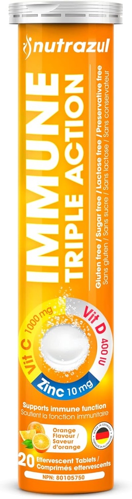 Zarazul Immune Triple Action Effervescent Tablet -1000 mg C, Vitamin D, çinko I Orange 20's I Gluten Free, Sugar Free, Lactose Free & Preservative Free I Keeps Immune Function C, Vitamin D, çinko I Orange 20's I Gluten Free, Sugar Free, Lactose Free, Sugar Free, Lactose Free