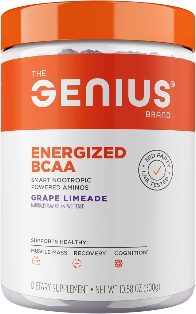 Genius BCAA Powder - 5g Vegan BCAAs L-Glutamine, Cognizin & Rhodiola Μύες Ανάκτηση ενέργειας Υποστήριξη 100mg καφεΐνη Pre, Intra, μετά την προπόνηση Nootropic συμπλήρωμα για Focus & Performance - Grape Limeade