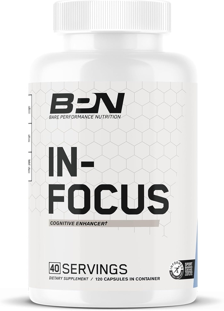 BARE PERFORMANCE NUTRITION BPN in-Focus Brain Supplement for Memory & Focus Caffeine Pills, L Tyrosine per Service + Alpha GPC, 40 Hizmet, Gluten Free + Vegan