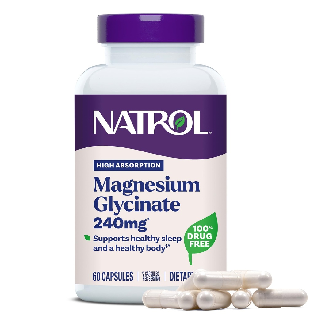 Natrol Magnezyum Glycinate Supplements 240 mg - Yüksek Abvitamin - Calm Magnezyum Glycinate for Sleep - 60 Capsules, 30 Day Supply