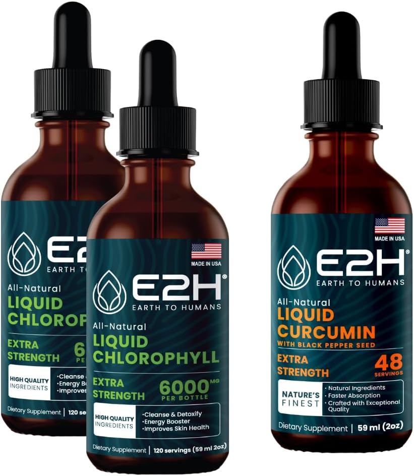 E2H: Chlorophyll Liquid Drops (2 Pack - 4 Fl Oz) ve Sıvı Turmeric Curcumin (Tek Şişe - 2 Fl Oz) | Vegan, Non-GMO - (6 Fl Oz Total) - Sche