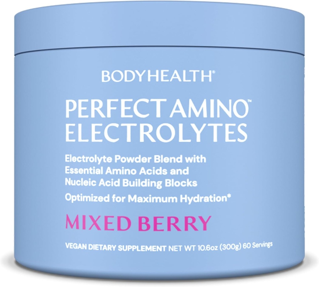 BodyHealth PerfectAmino Electrolytes Powder Όχι Ζάχαρη, Keto Ζάχαρη Χωρίς νηστεία Ηλεκτρολυτές Ποτό Μίγμα, Ενυδατική Σκόνη με Ανιχνευμένα Ορυκτά - Μεικτό μούρο - 60 Σερβιέτες